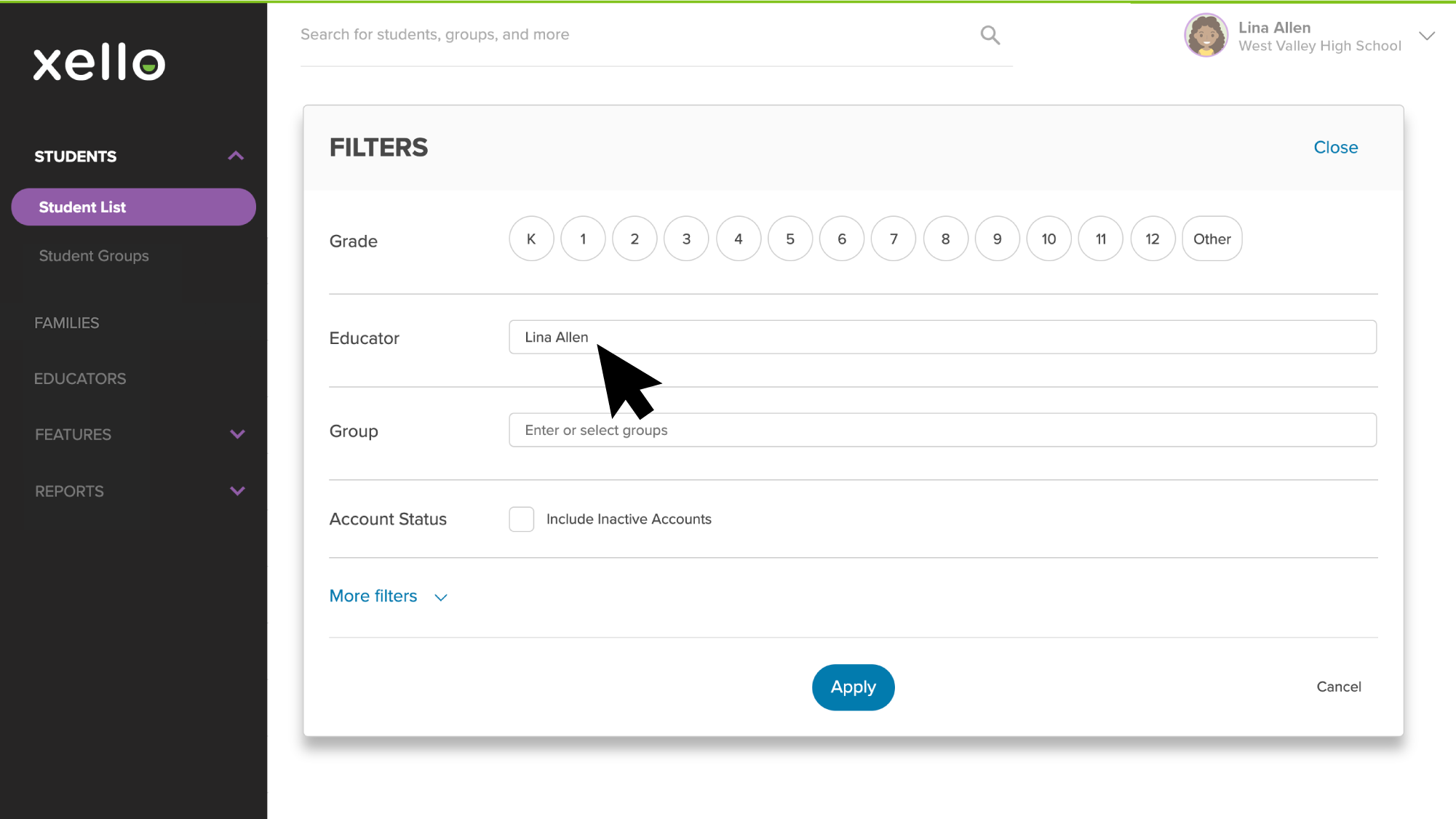 student list with filter window open and cursor hovering over educator name